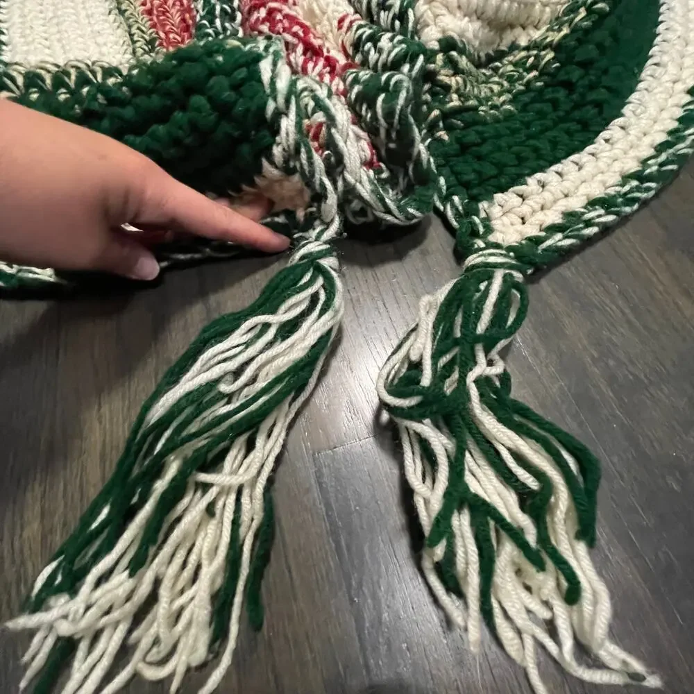 Vintage Crochet Handmade Red Green White Vertical Striped Granny Afghan Throw